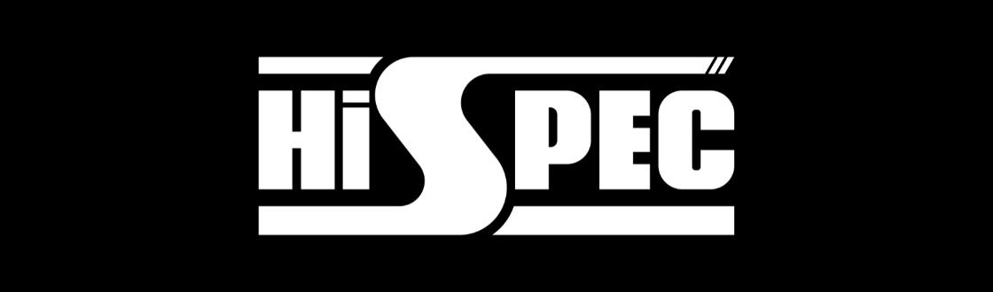 The hi spec logo is white on a black background.