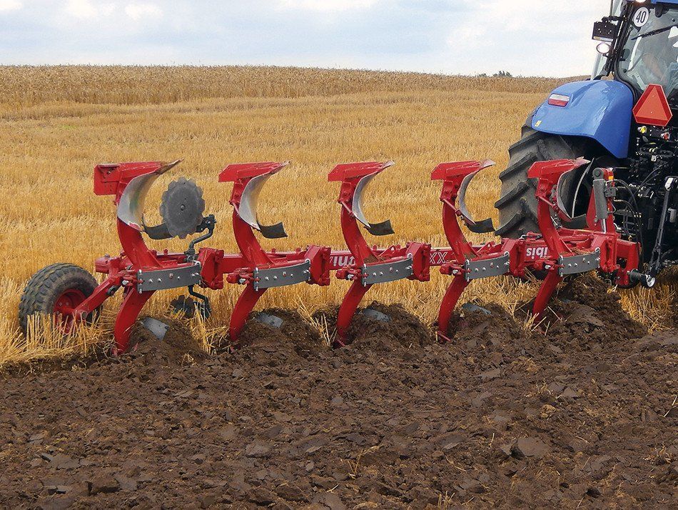 A red and white tractor with a trailer attached to it on a white background.