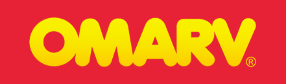 A yellow omary logo on a red background