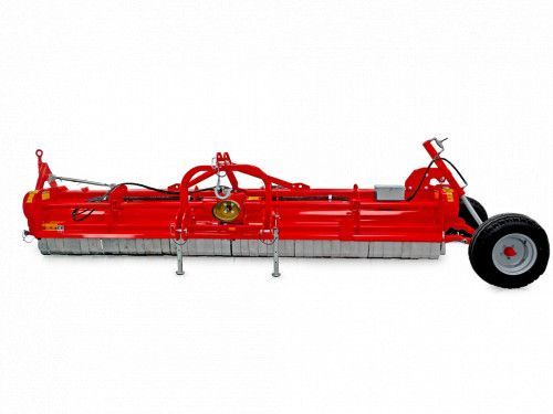 A red tractor with wheels on a white background.