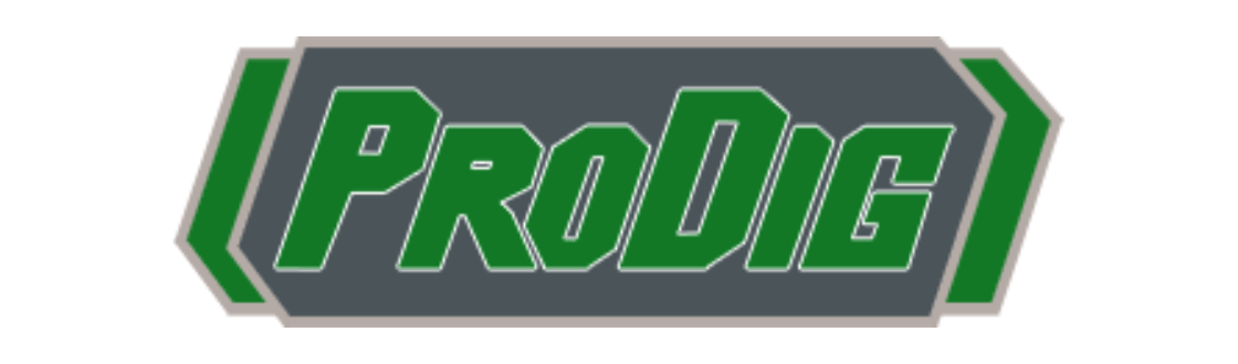 A green and gray logo for prodig on a white background