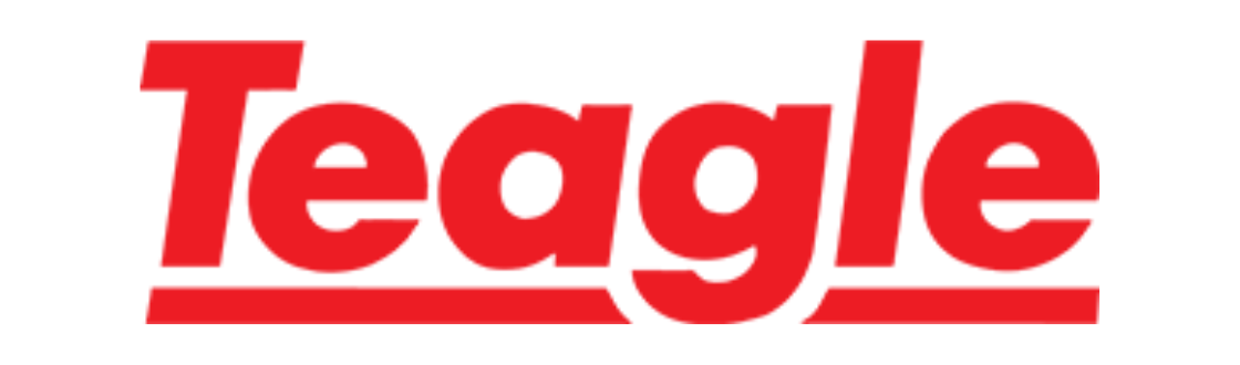 A red and white logo for teagle on a white background