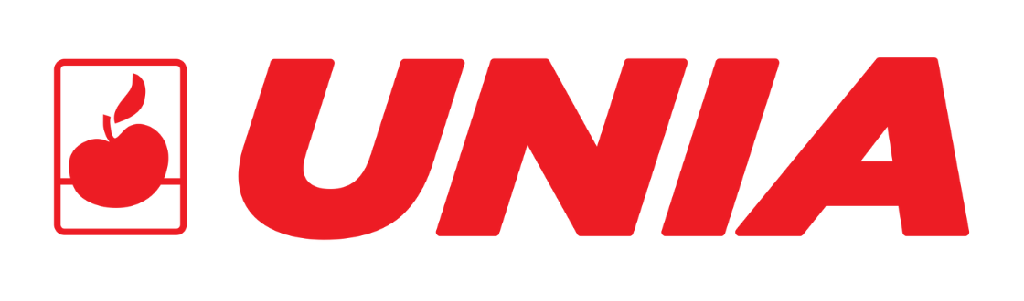 A red and white logo for a company called unia