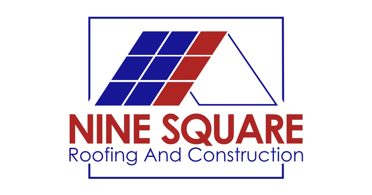 Logo for Nine Square Roofing And Construction: blue/red roof squares inside a blue square, text below.