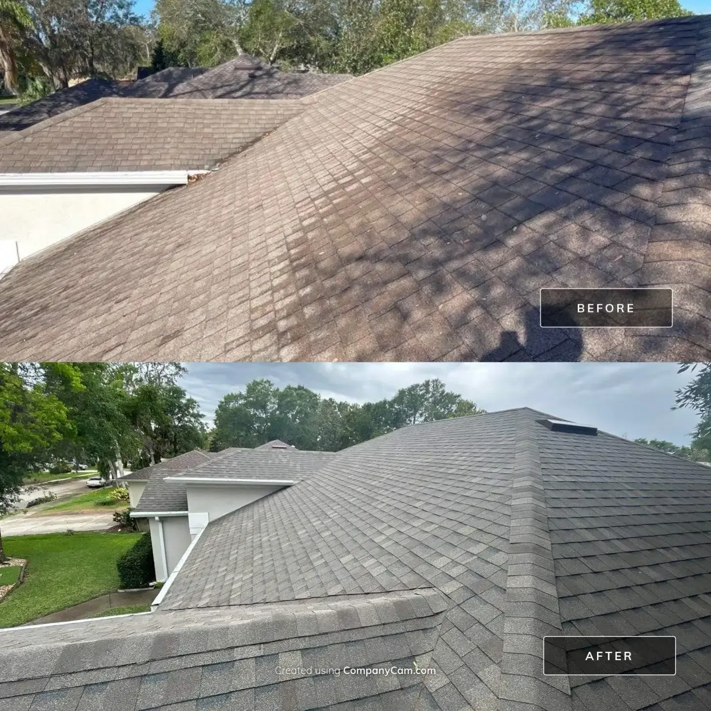 A before and after picture of a house 's roof.