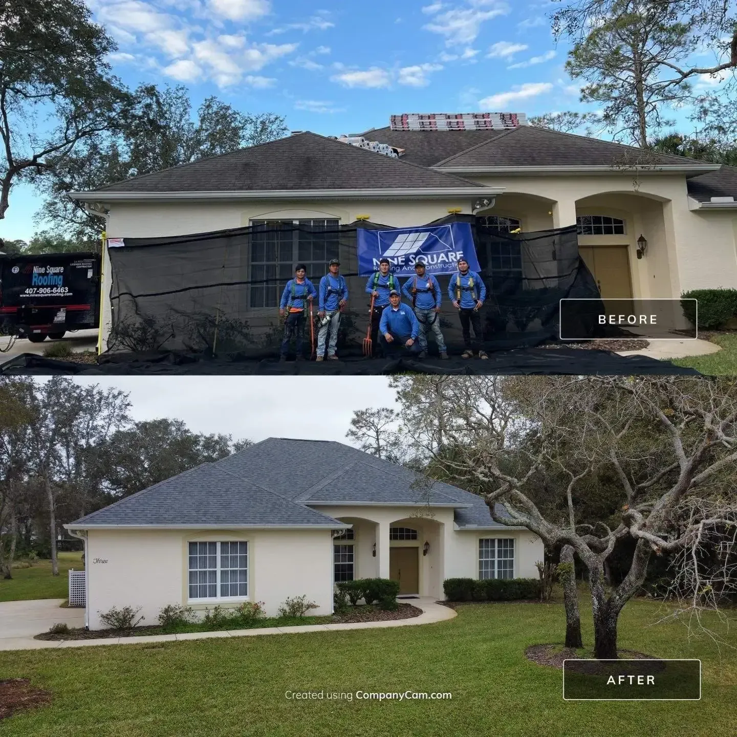 A before and after photo of a roof replacement