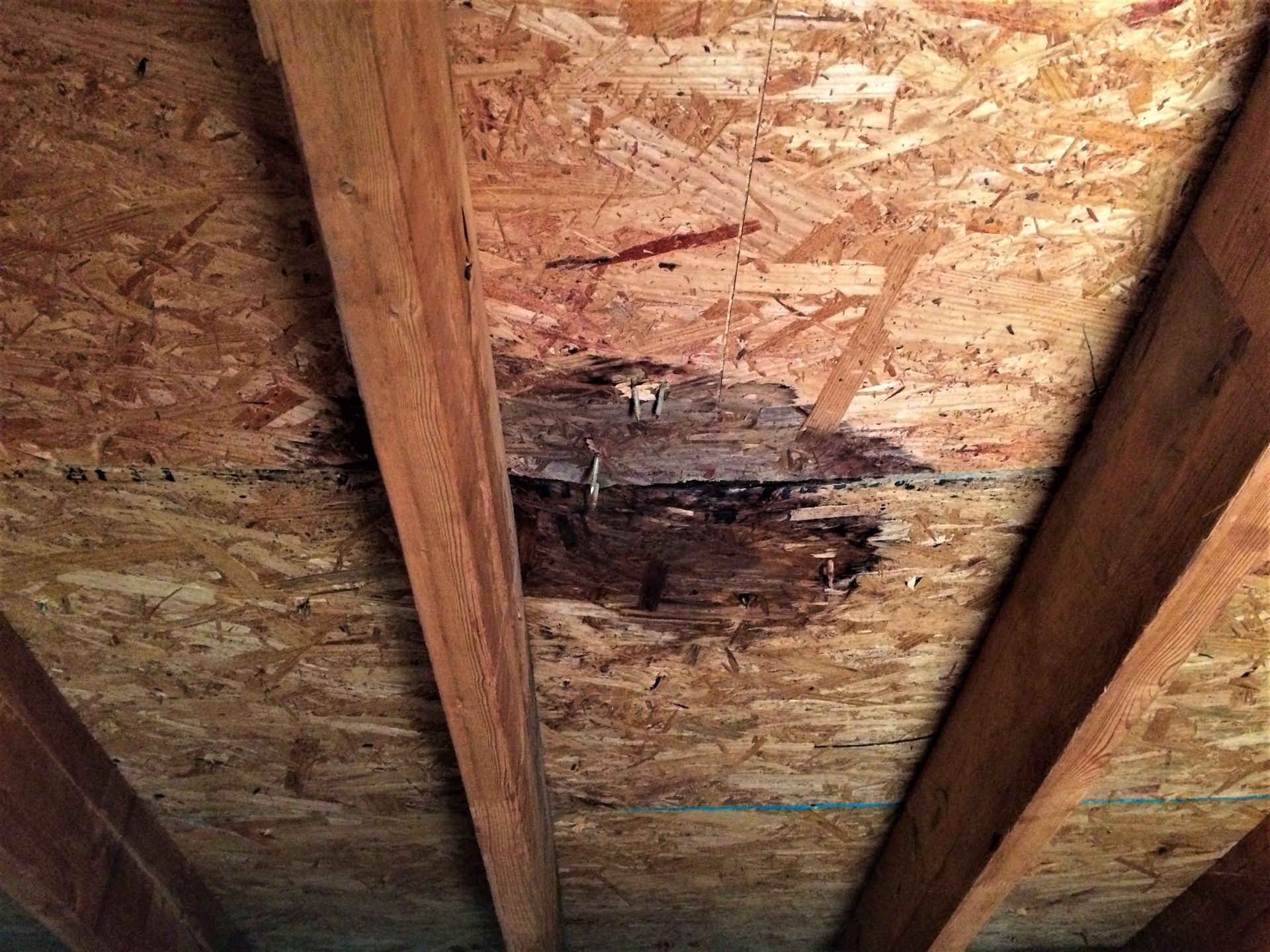 A close up of a wooden ceiling in attic with a hole in it.