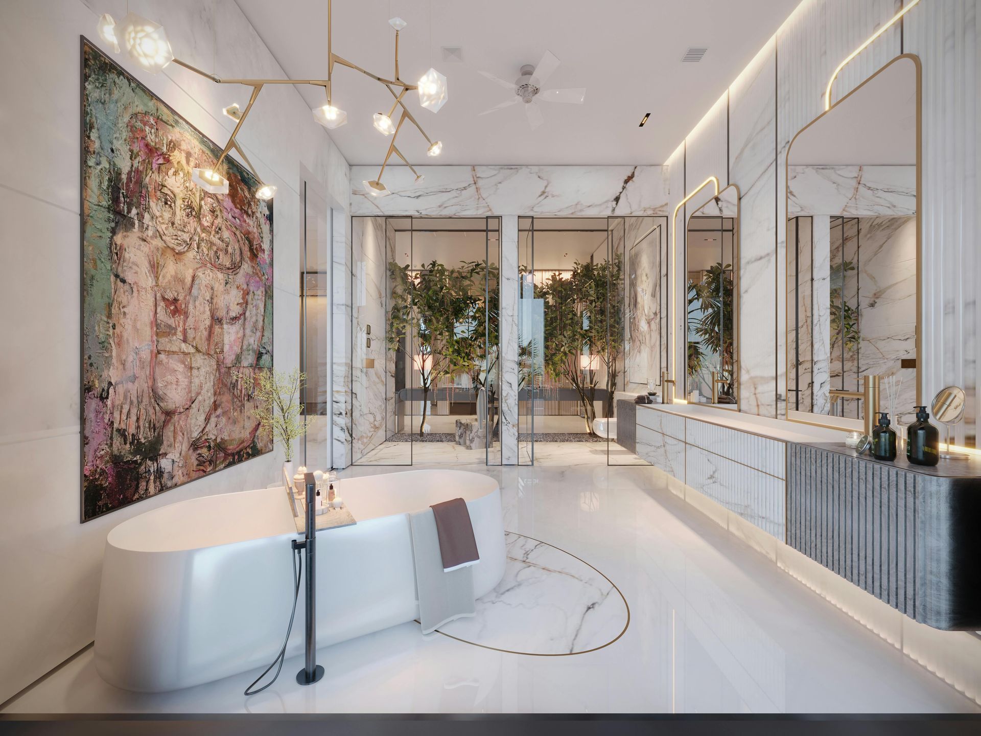 Luxurious modern bathroom with a tub, sinks, and a large abstract artwork.