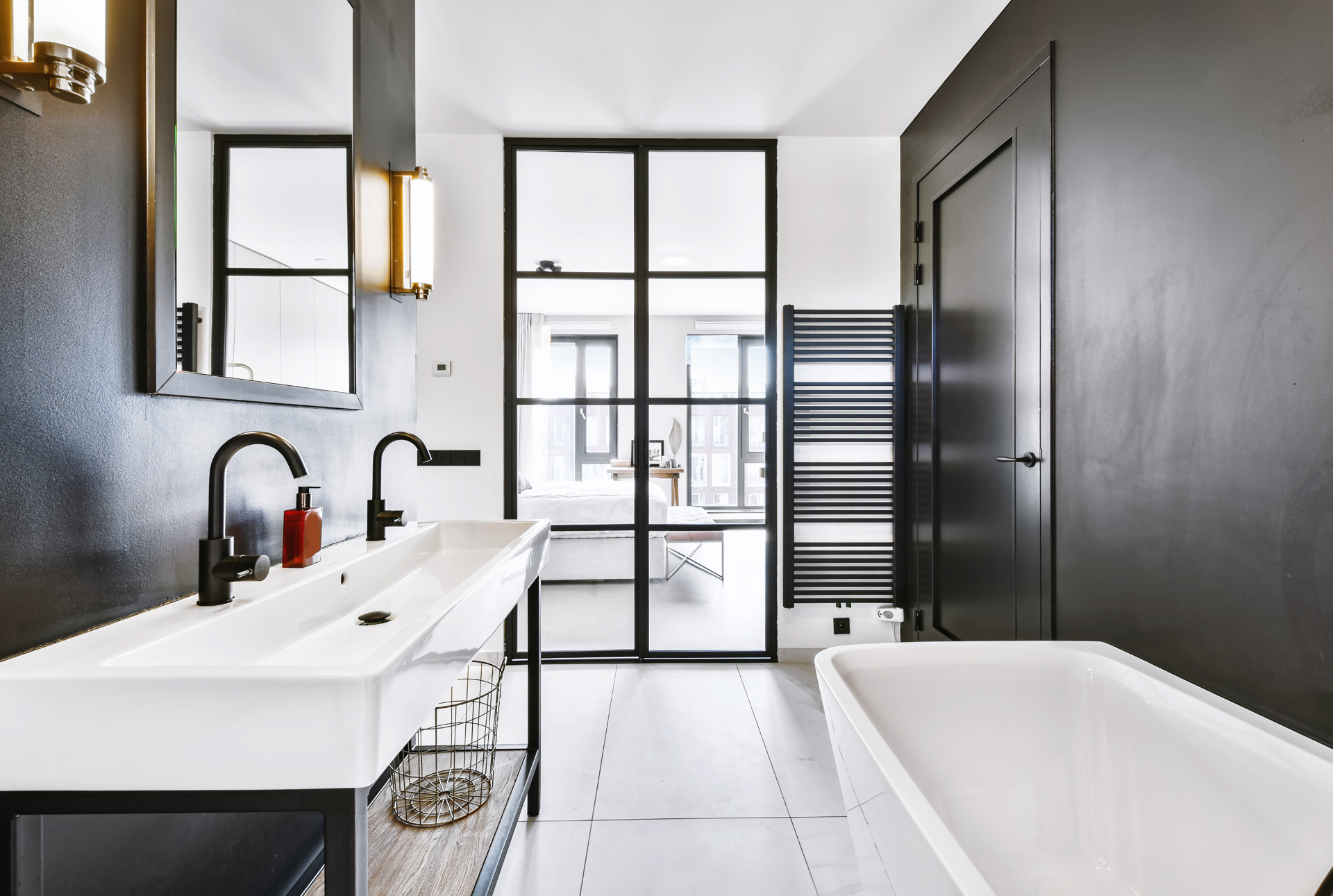 sleek modern bathroom design with black fixtures