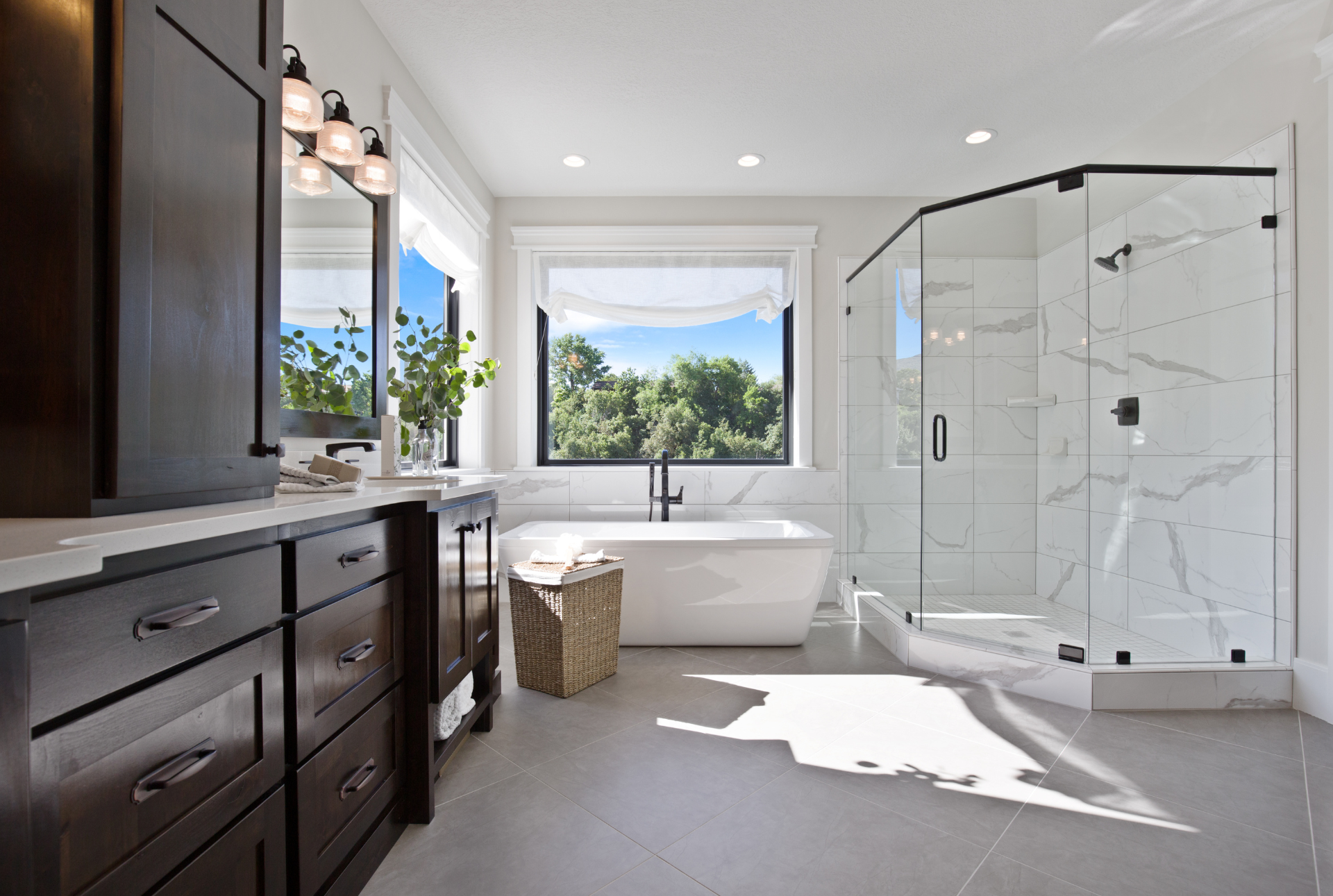 master bathroom with two large windows