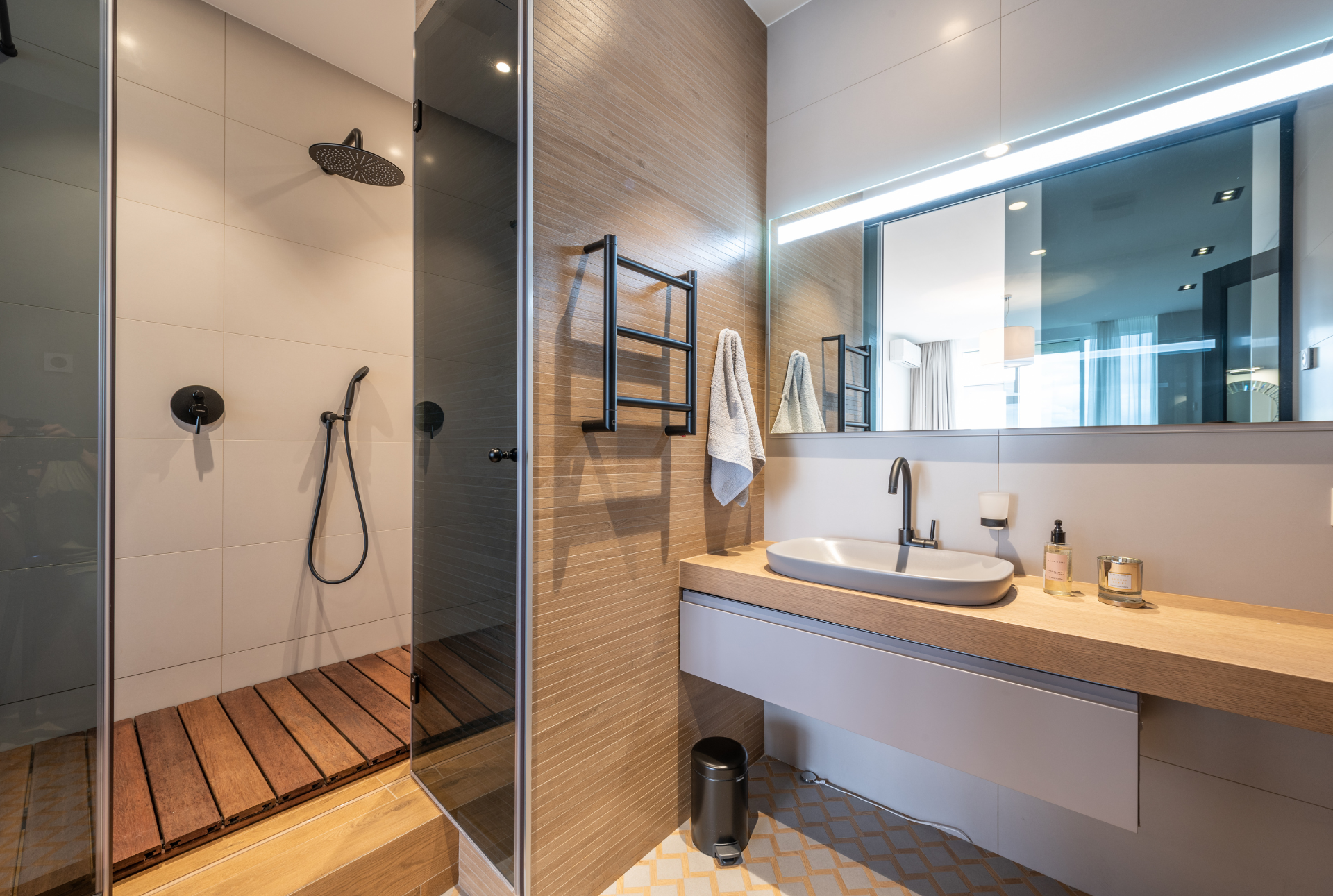 shower remodeling with wood accents