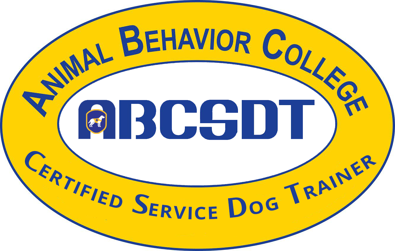 Logo for Animal Behavior College Certified Service Dog Trainer, yellow oval with blue text and a dog icon.