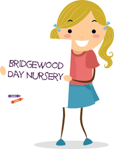 Cartoon child holding up a Bridgewood Day Nursery sign