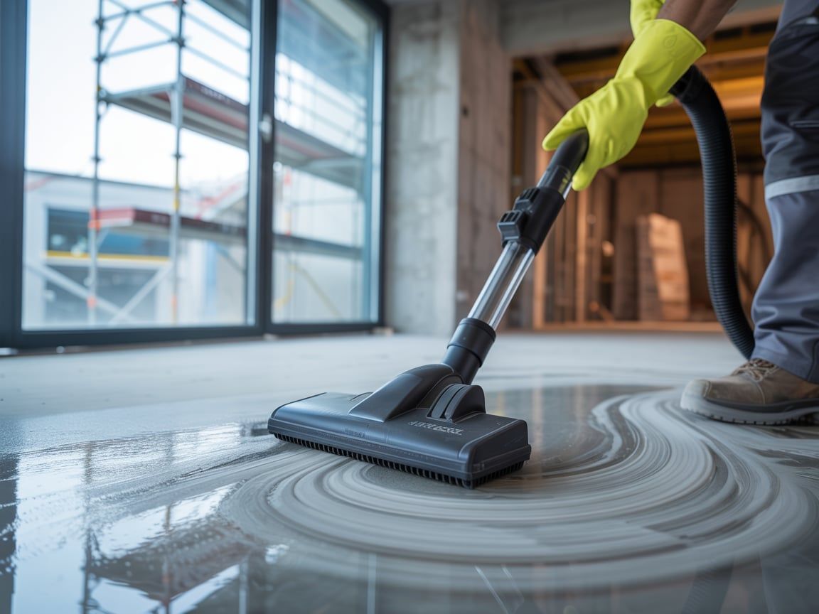 Person wearing yellow gloves using a vacuum on a wet concrete floor in a construction setting.