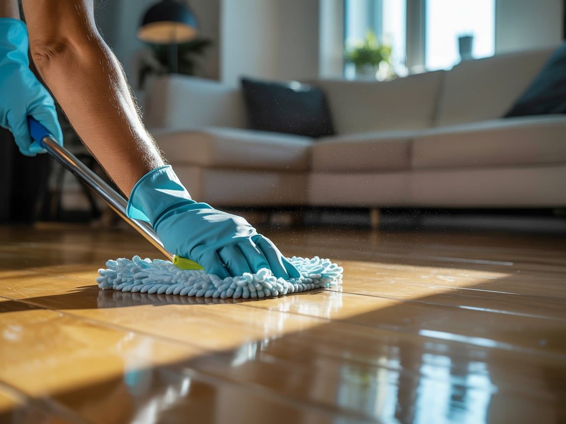 Person wearing blue gloves mopping a shiny wooden floor in a living room with a couch.