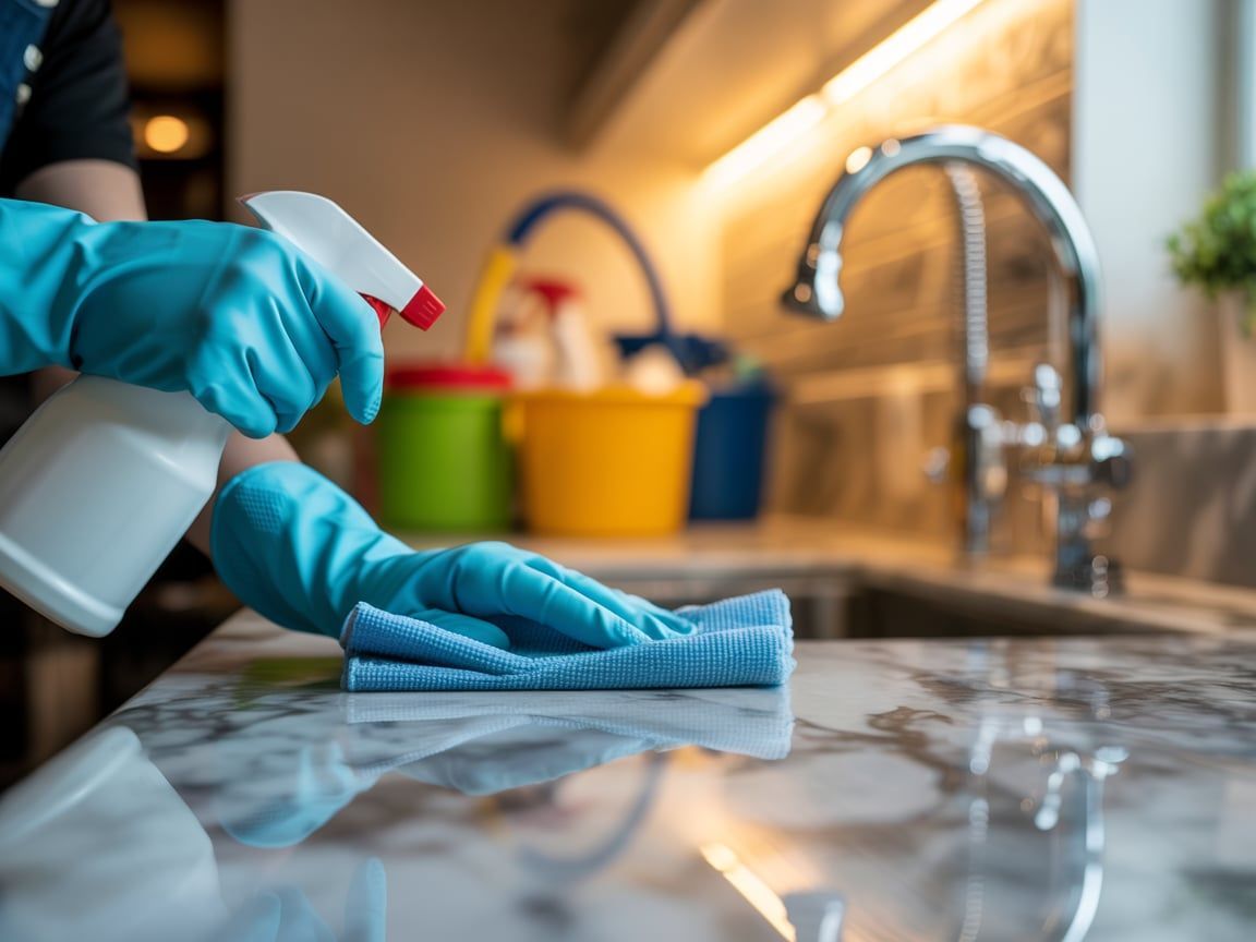 Person wearing blue gloves sprays and wipes down a kitchen countertop near a sink.