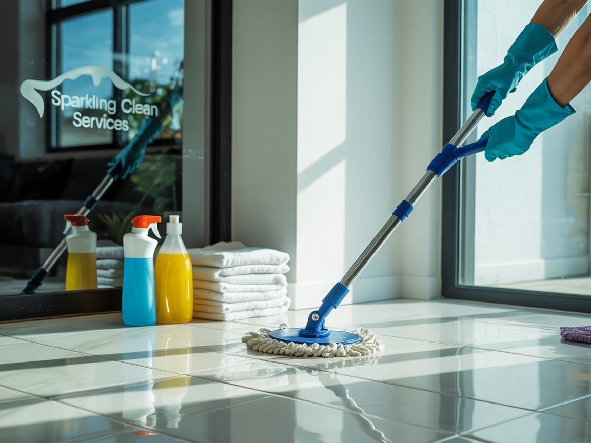 Person wearing blue gloves mops a tiled floor; cleaning supplies and towels are nearby.