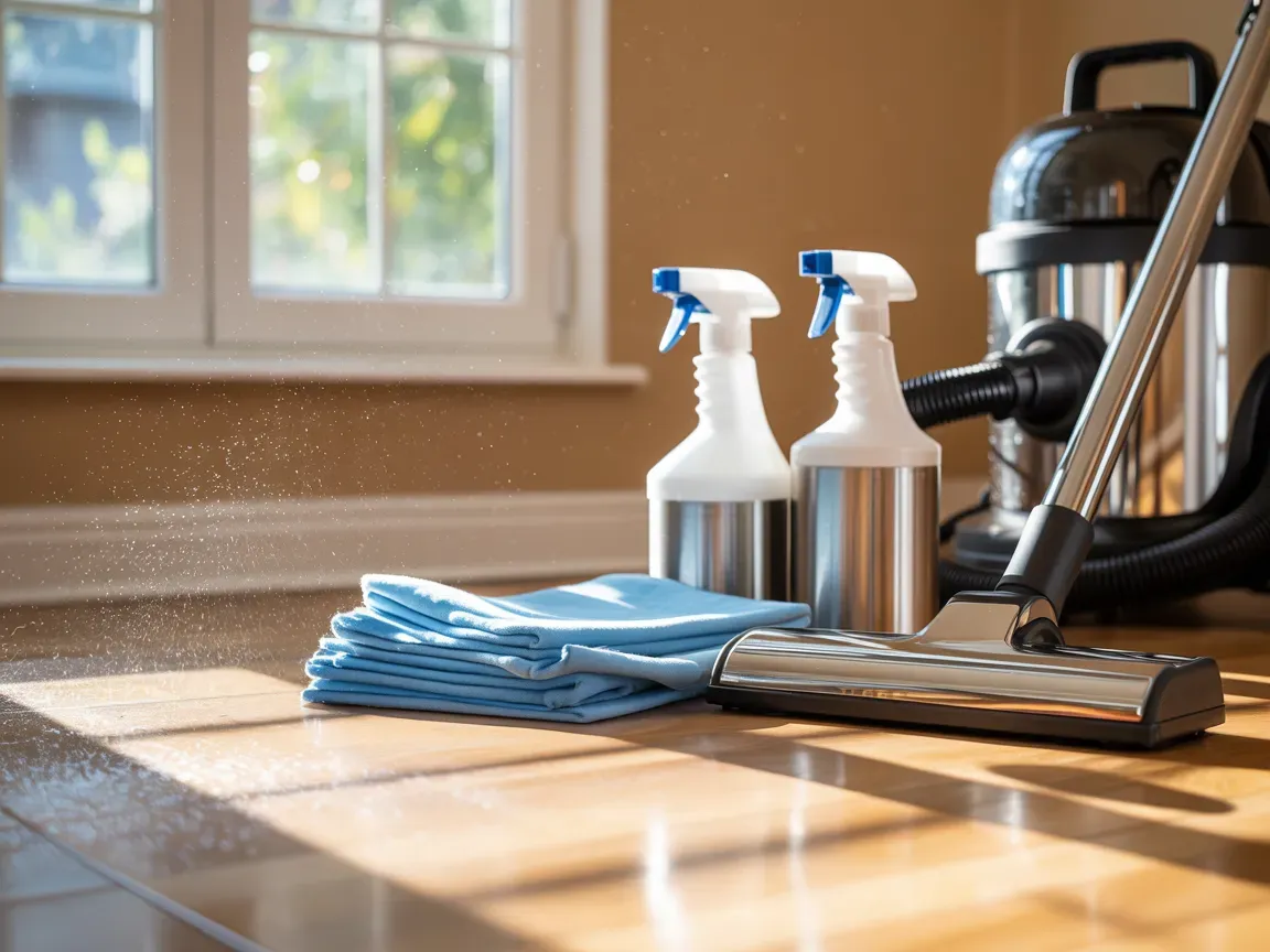 Cleaning supplies on a wooden floor with sunlight: spray bottles, rags, and a vacuum cleaner.