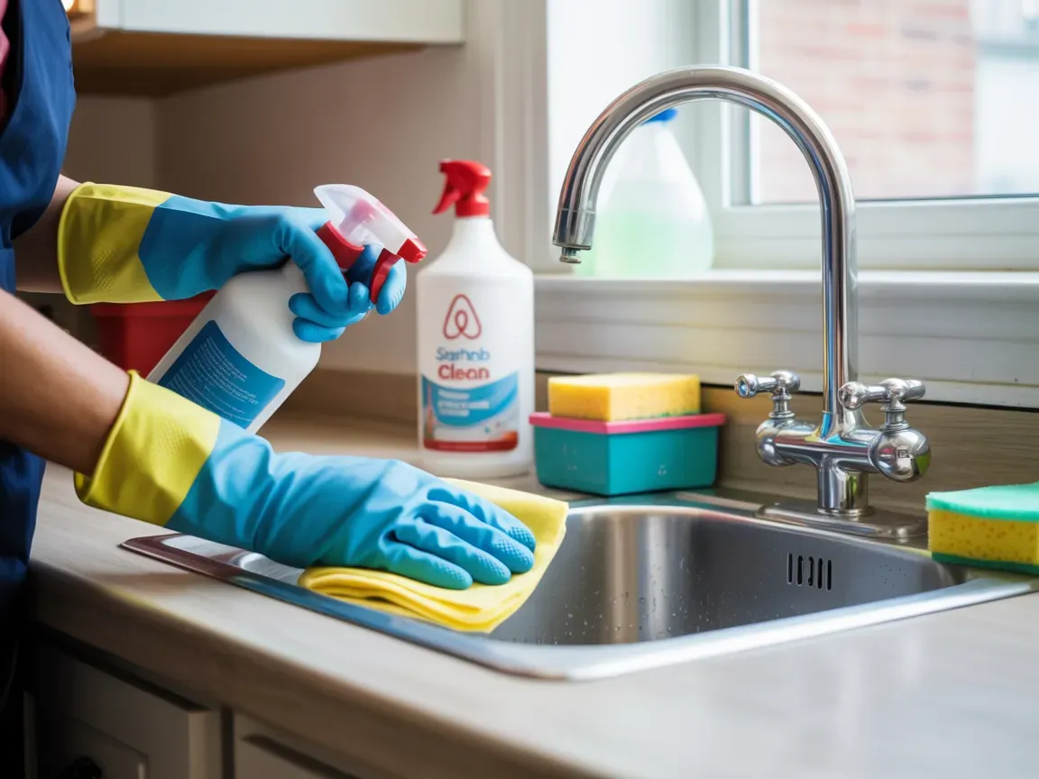 Person wearing blue gloves sprays and wipes a kitchen sink with cleaner.