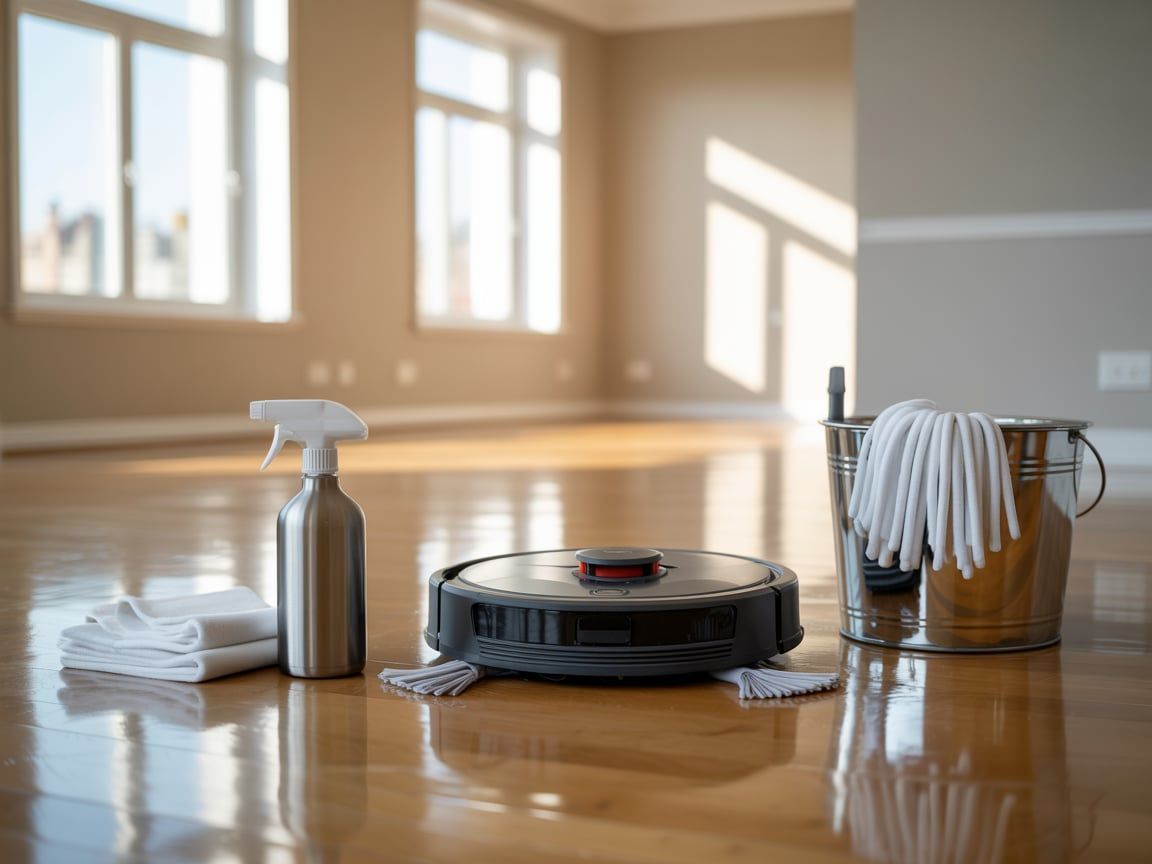 Robot vacuum, cleaning supplies, and mop on a hardwood floor in a bright room.