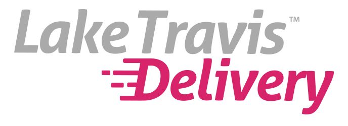 Lake Travis Delivery logo with gray "Lake Travis" and pink "Delivery" with speed lines.
