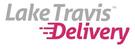 Lake Travis Delivery logo with gray "Lake Travis" and pink "Delivery" with speed lines.