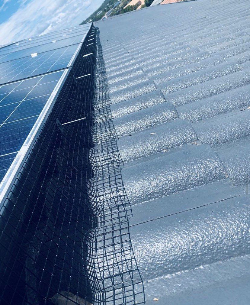 Solar panel installation on a roof with protective mesh netting to prevent animal access.