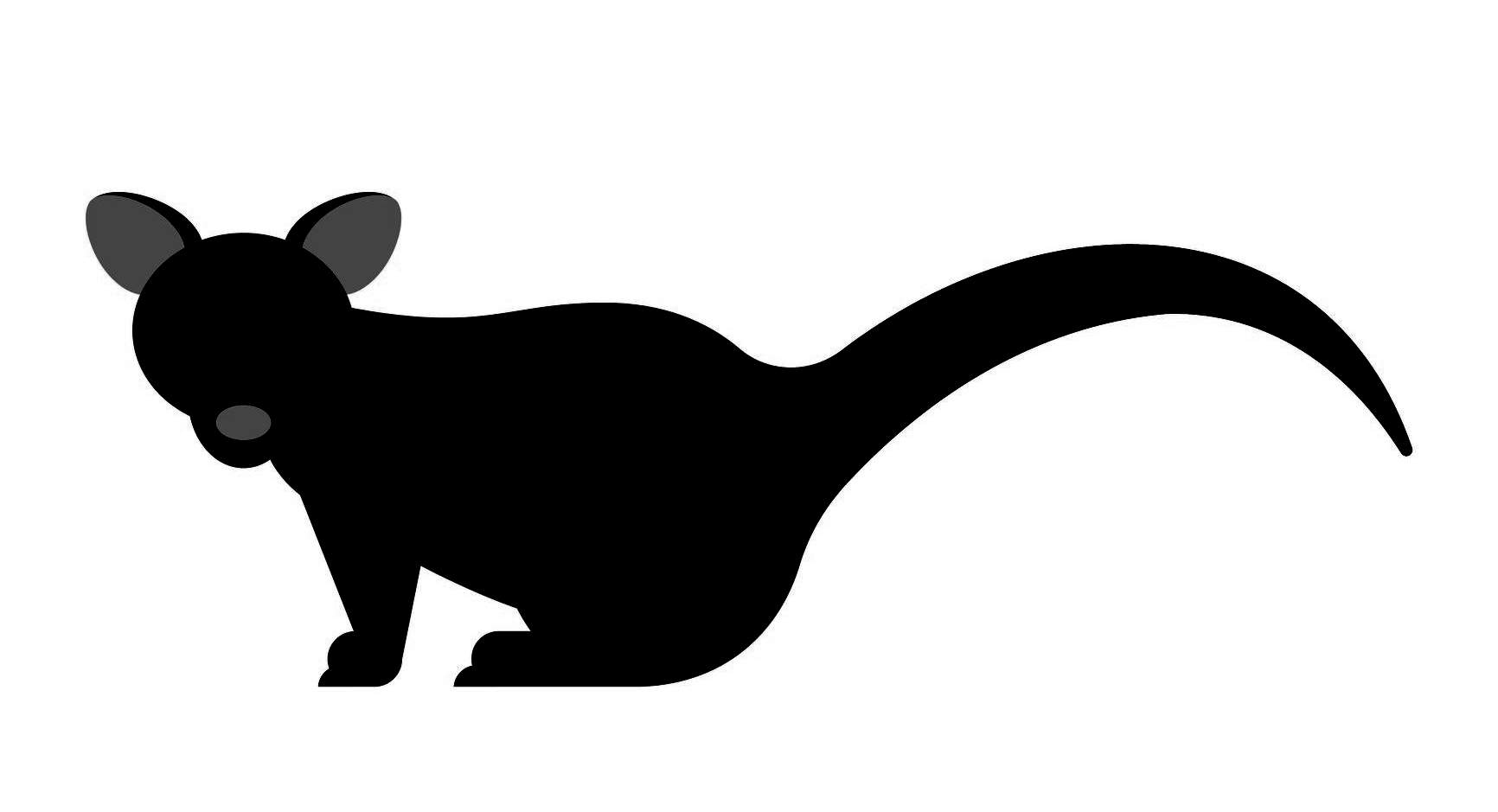 Black silhouette of a possum with gray ears and a curved tail.