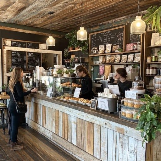 Coffee shop interior with a customer at the counter, staff behind, menu boards, and baked goods.