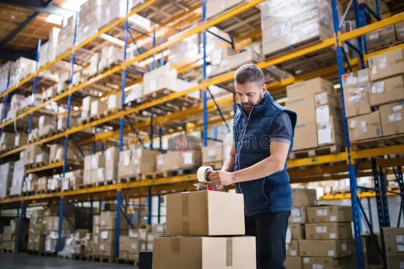 Man taping cardboard boxes in a warehouse with shelves stacked with boxes.