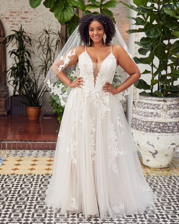 Bride in a white wedding dress with a plunging neckline and veil, posing with hands on hips, outdoor setting.