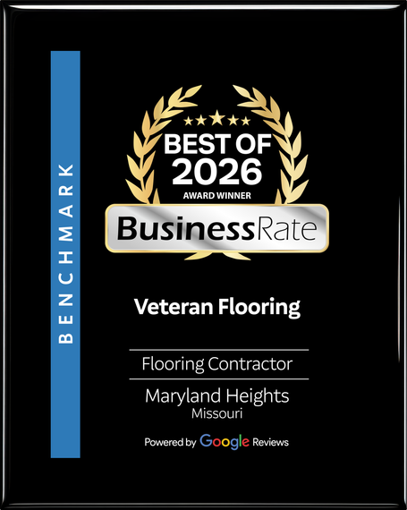 A black award plaque for Veteran Flooring in Maryland Heights, MO, named a 2026 Best of BusinessRate winner on Google.