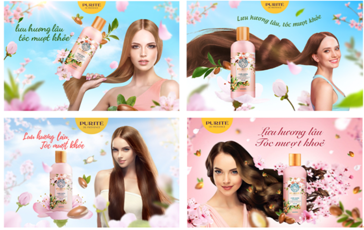 Four advertisements for hair care products featuring women and floral backgrounds.