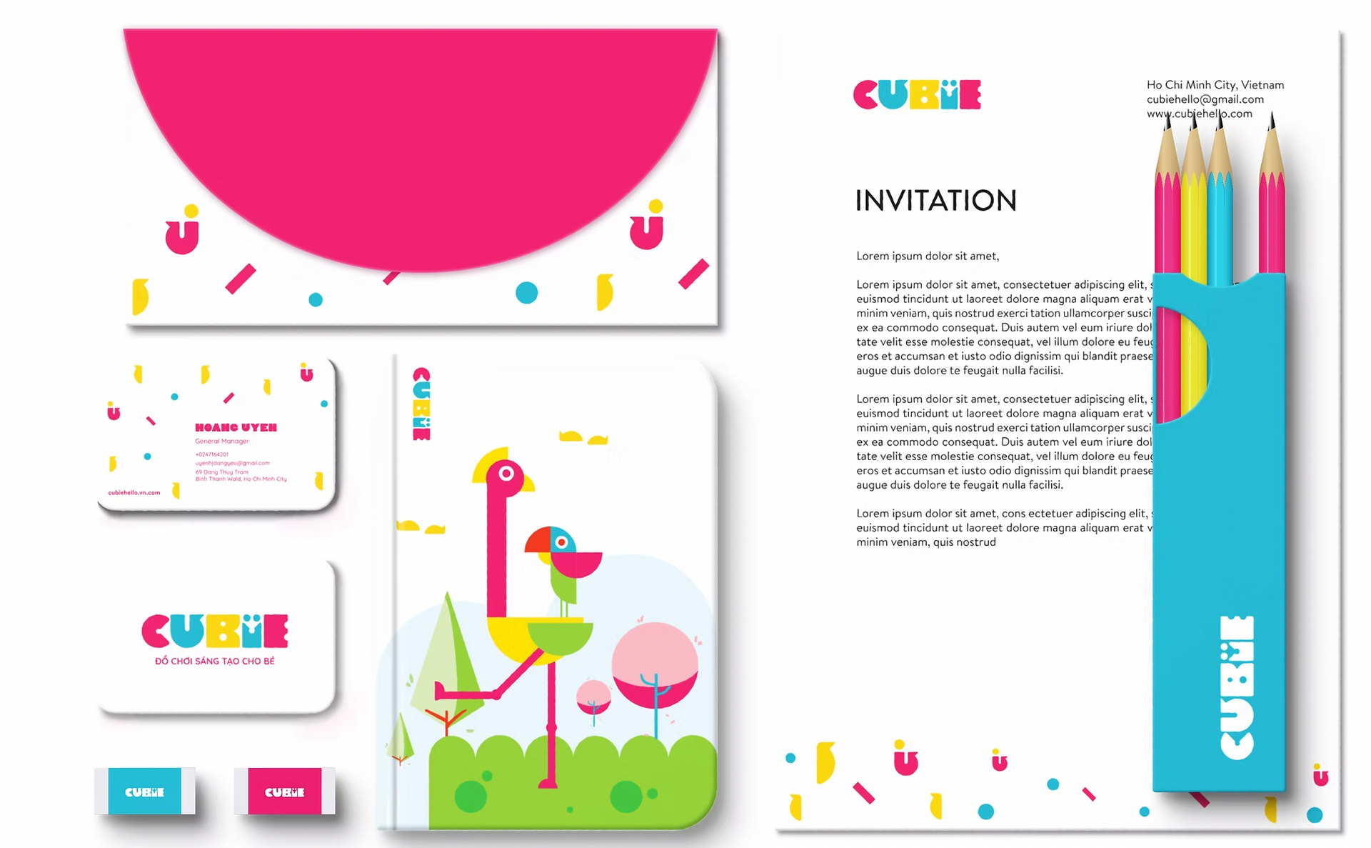 Stationery set with pink, blue, and yellow pencils. Includes invitation, notebook, envelope, and business cards.
