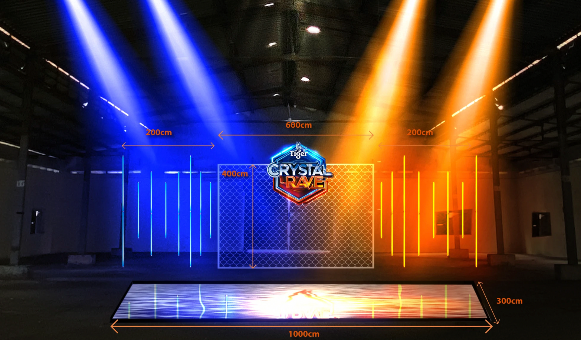 Stage with blue and orange lighting, featuring 