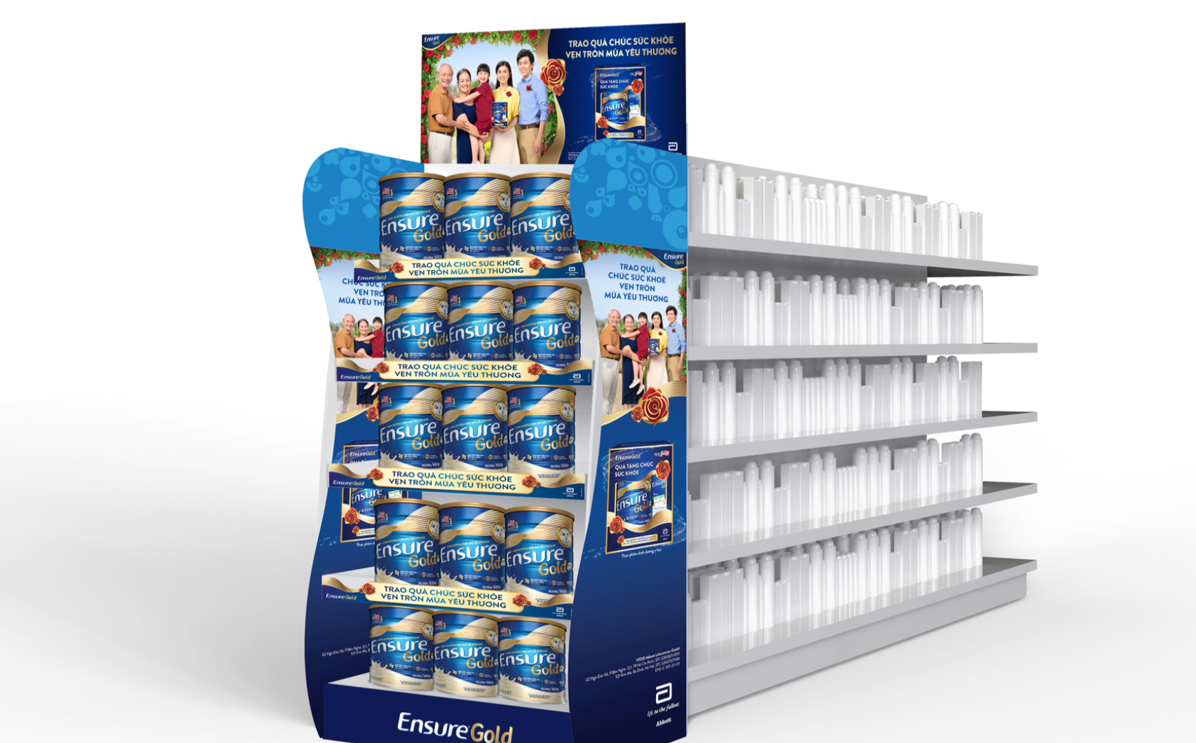 Display stand of blue products in a store setting, with a family image on top.