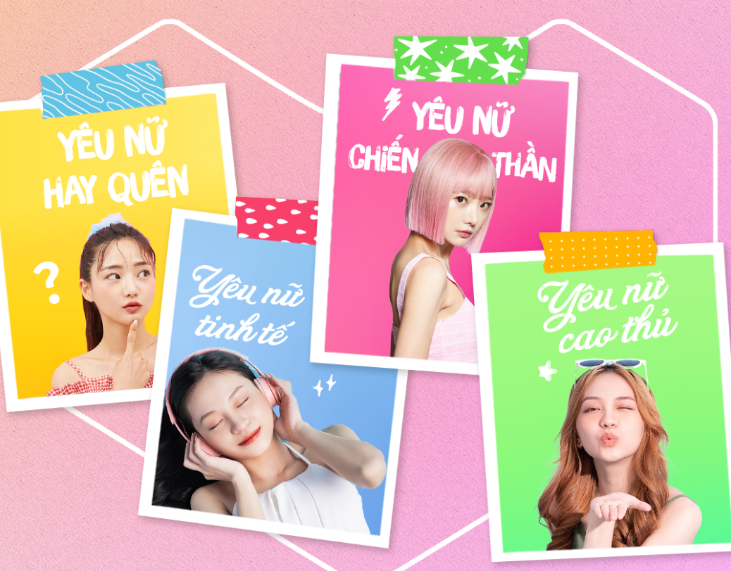Five colorful polaroid-style photos with young women and Vietnamese text, possibly advertising a product or service.