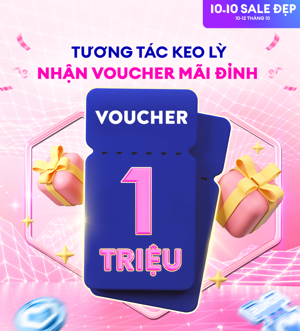 Blue voucher for 1 million, with gift boxes and 10.10 sale promotion.