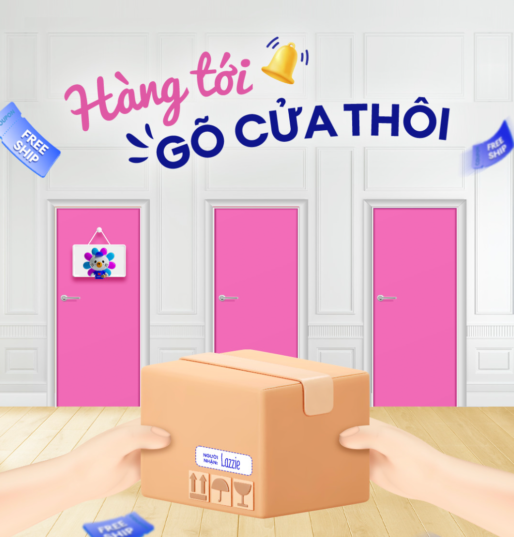 Hands holding a delivery box in front of three pink doors; the text above
