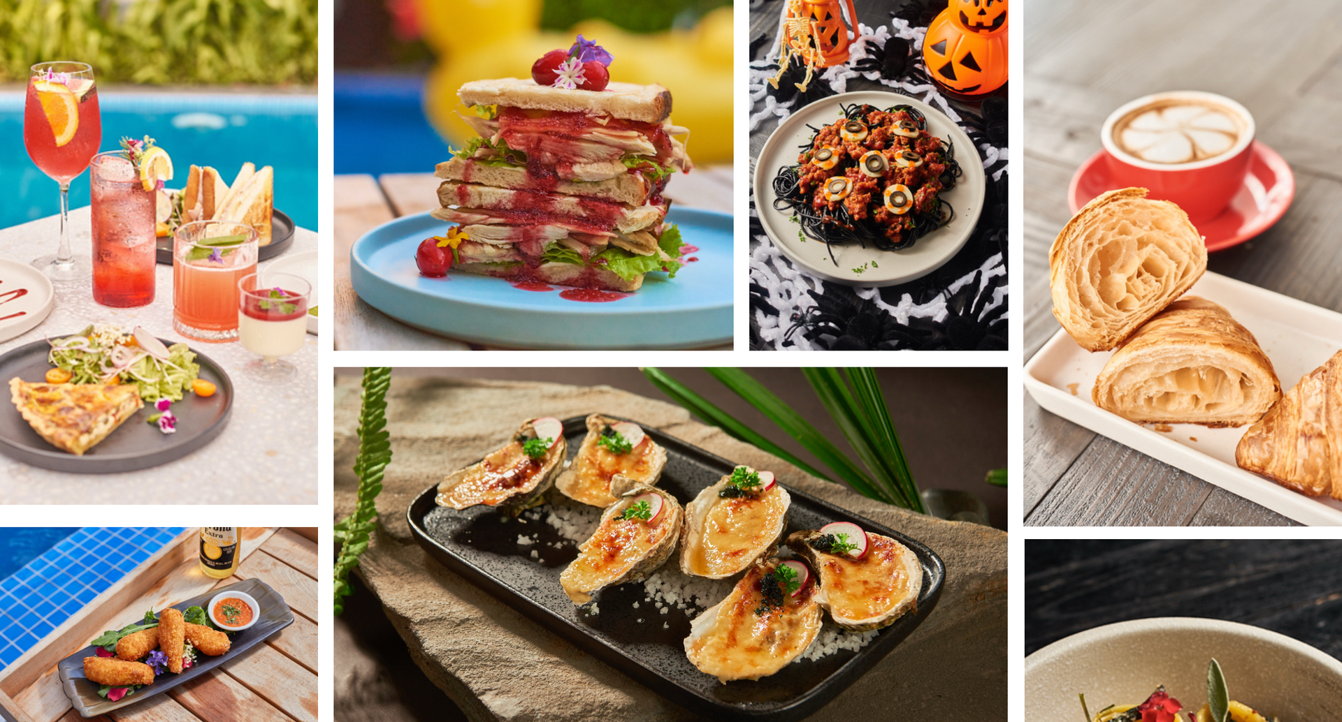 Assortment of food and drinks: cocktails, pancakes, Halloween treats, pastries, seafood, and pasta.