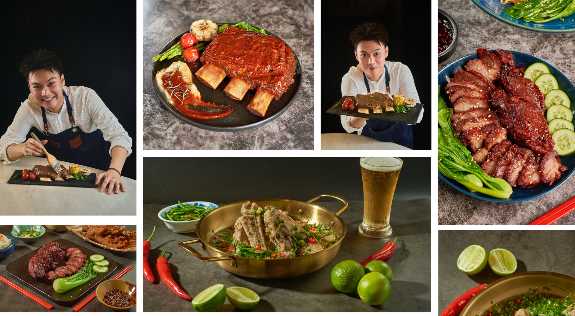 Chef presenting various pork rib dishes.