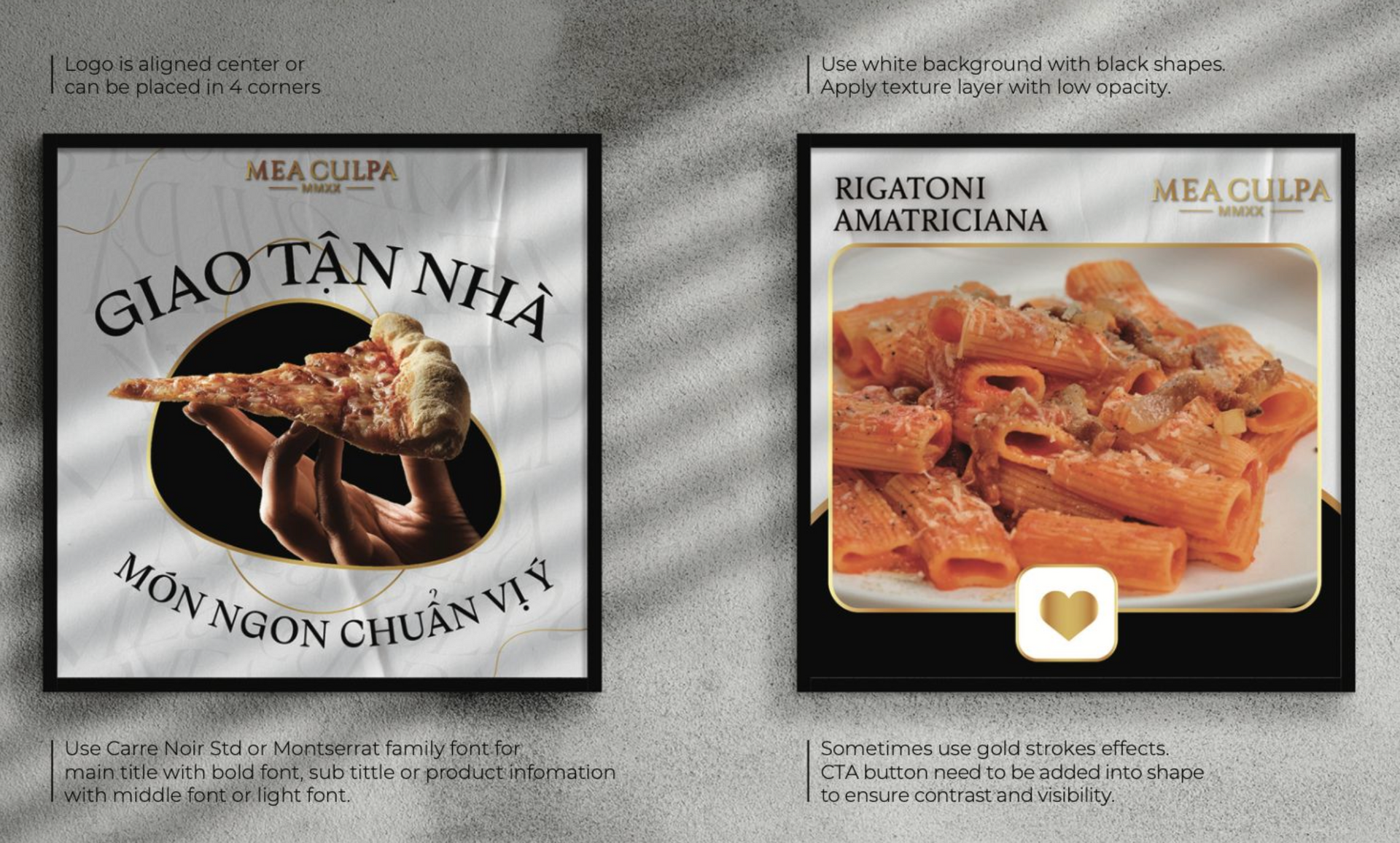 Two food advertisements: pizza delivery and rigatoni amatriciana dishes.