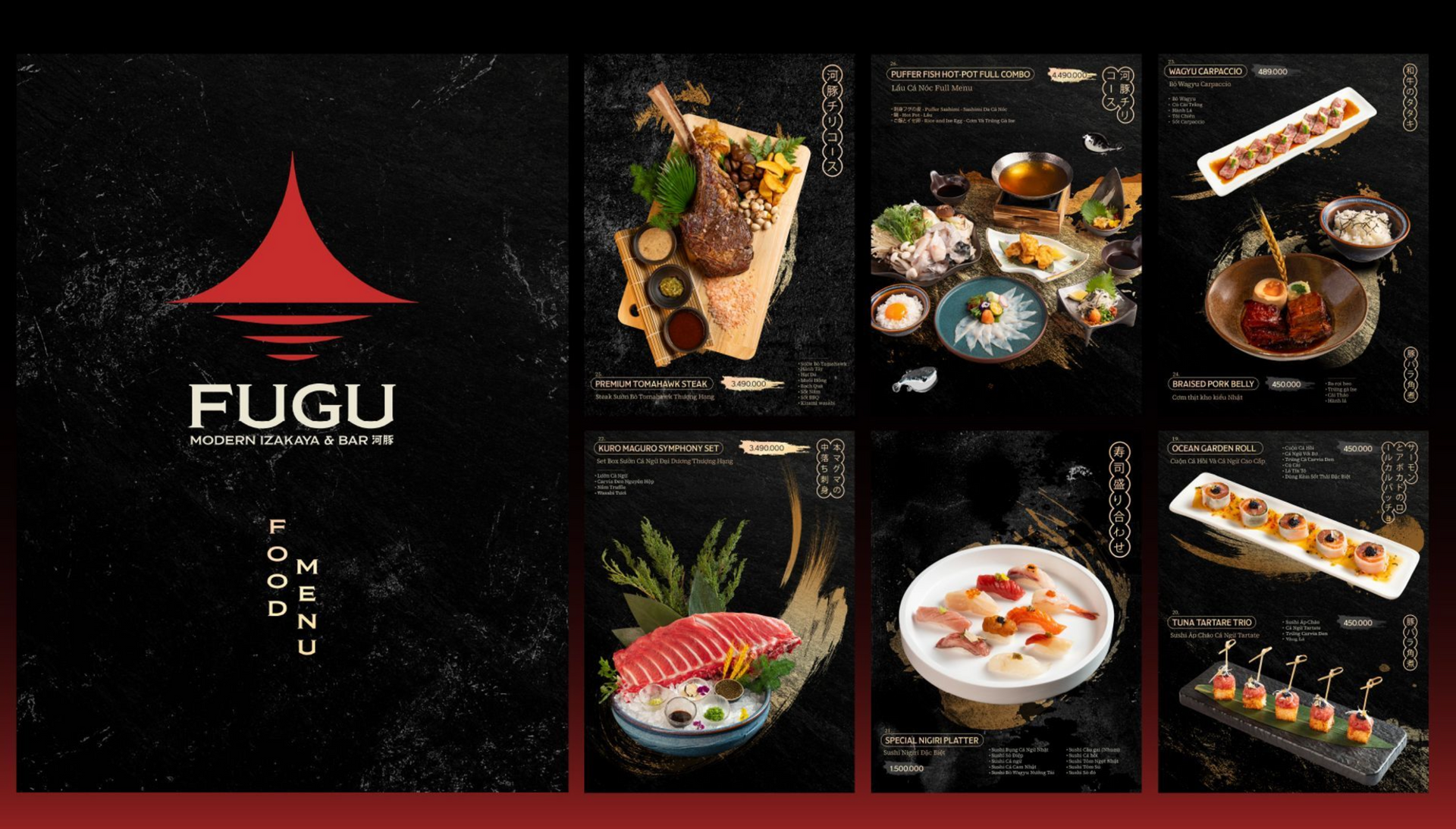 Menu cover for FUGU Japanese Restaurant with food photos. Black background, red accents.