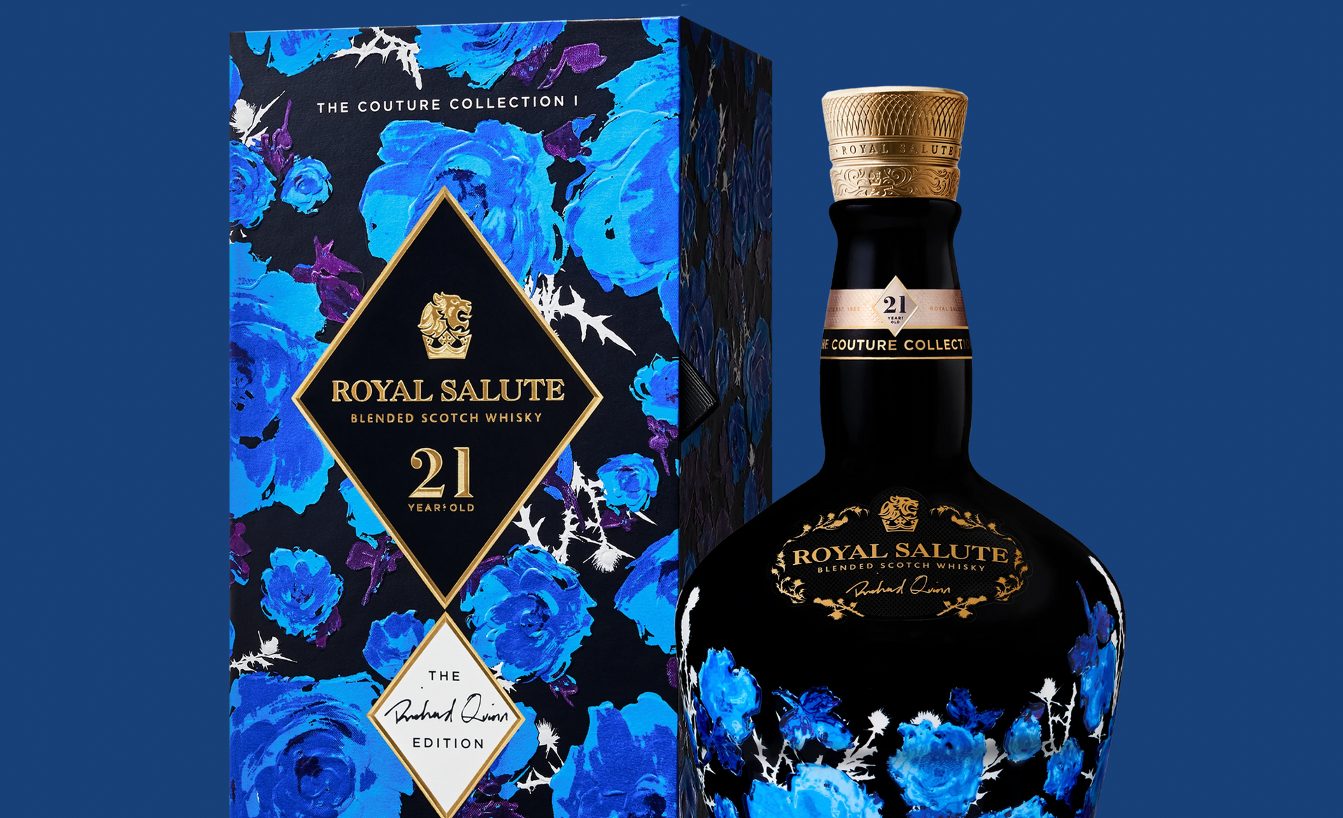 Royal Salute 21-year-old Scotch whisky bottle with floral design box, dark blue bottle with gold accents.