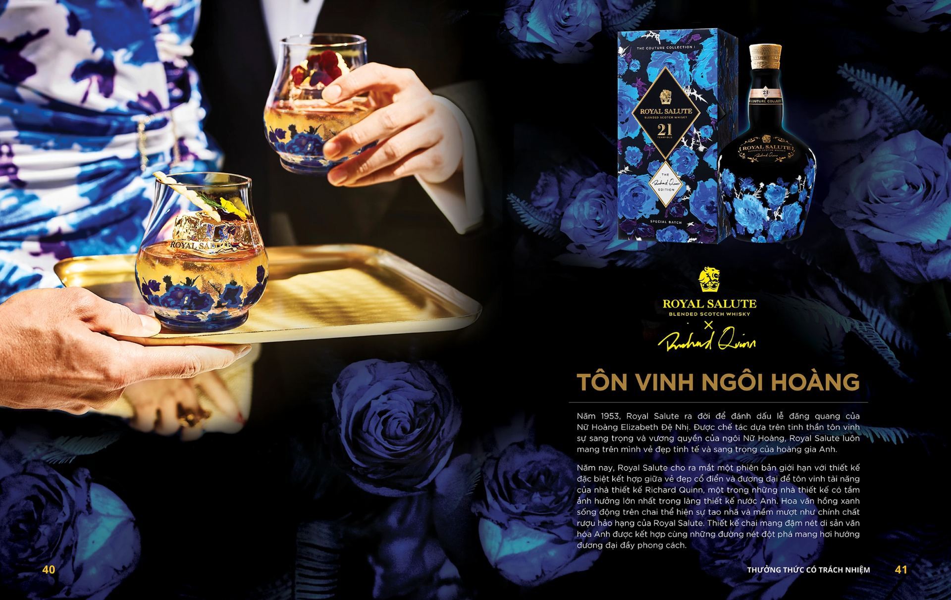 Person holding a tray with a decorated glass and a bottle of Royal Salute whiskey, floral blue motif.