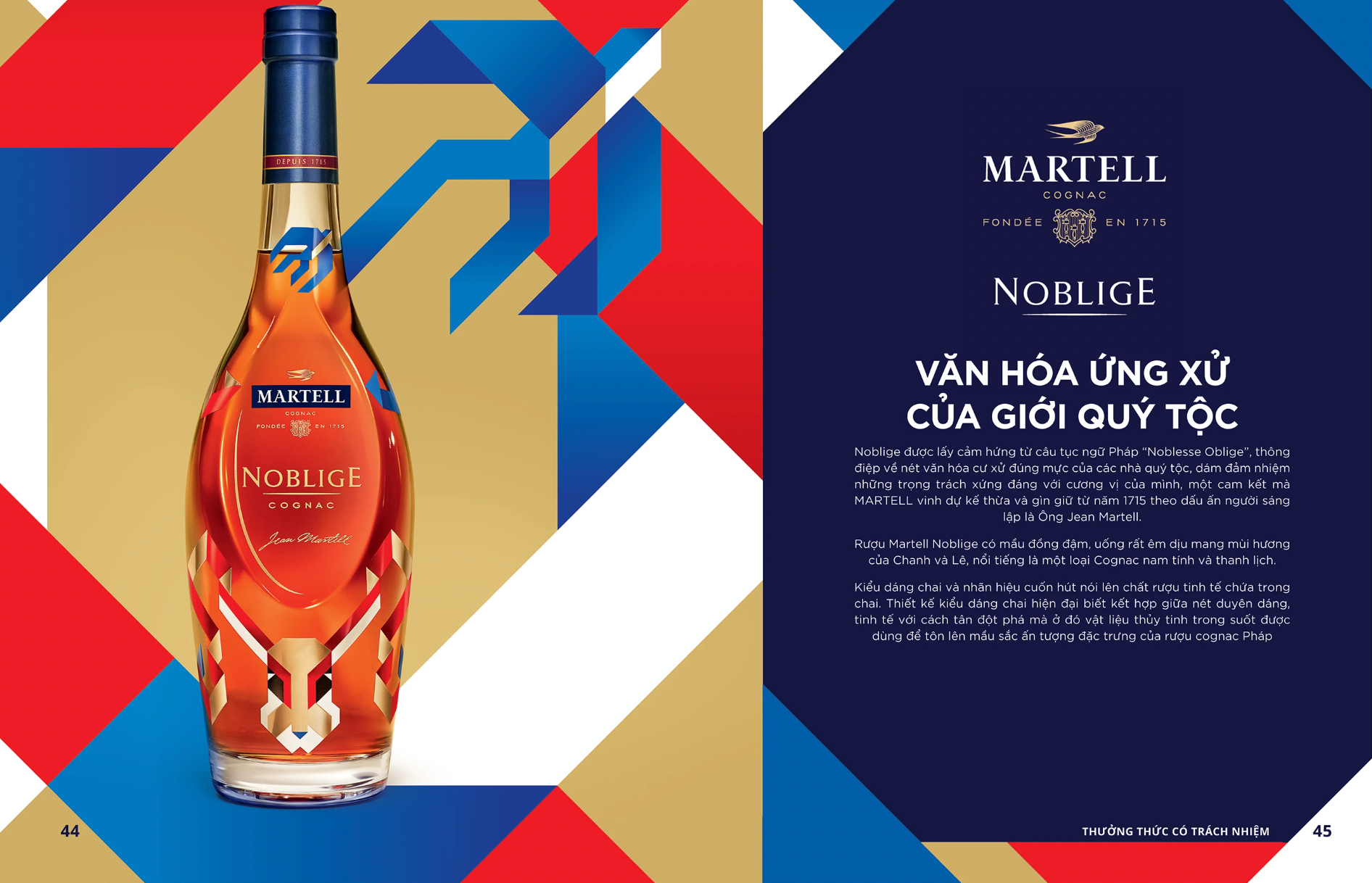 Martell Noblige cognac bottle on gold, red, blue geometric background. Text in Vietnamese.