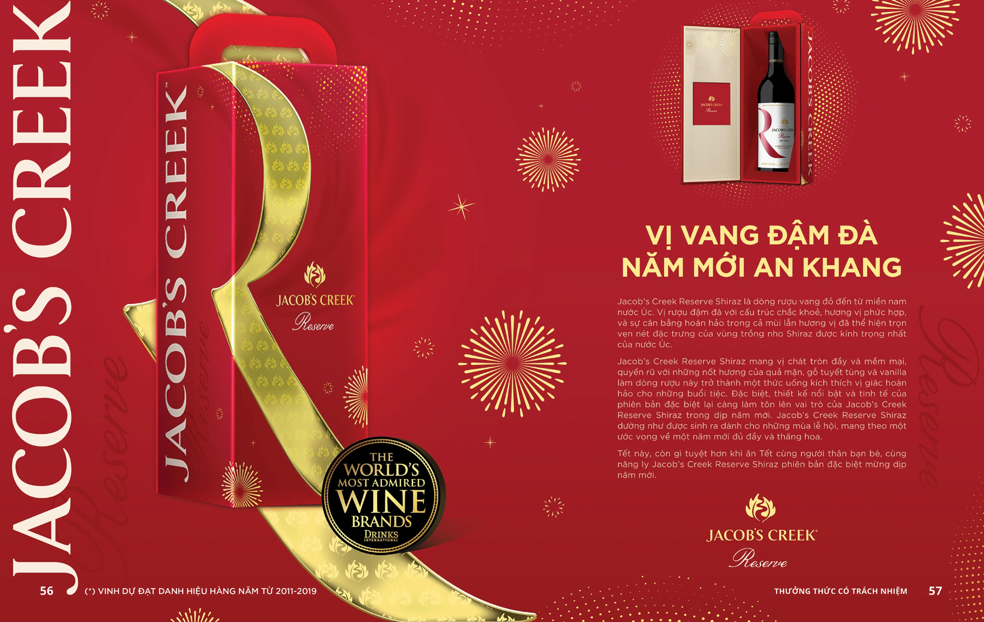 Advertisement for Jacob's Creek wine. Red background with gold accents, a wine bottle and gift box