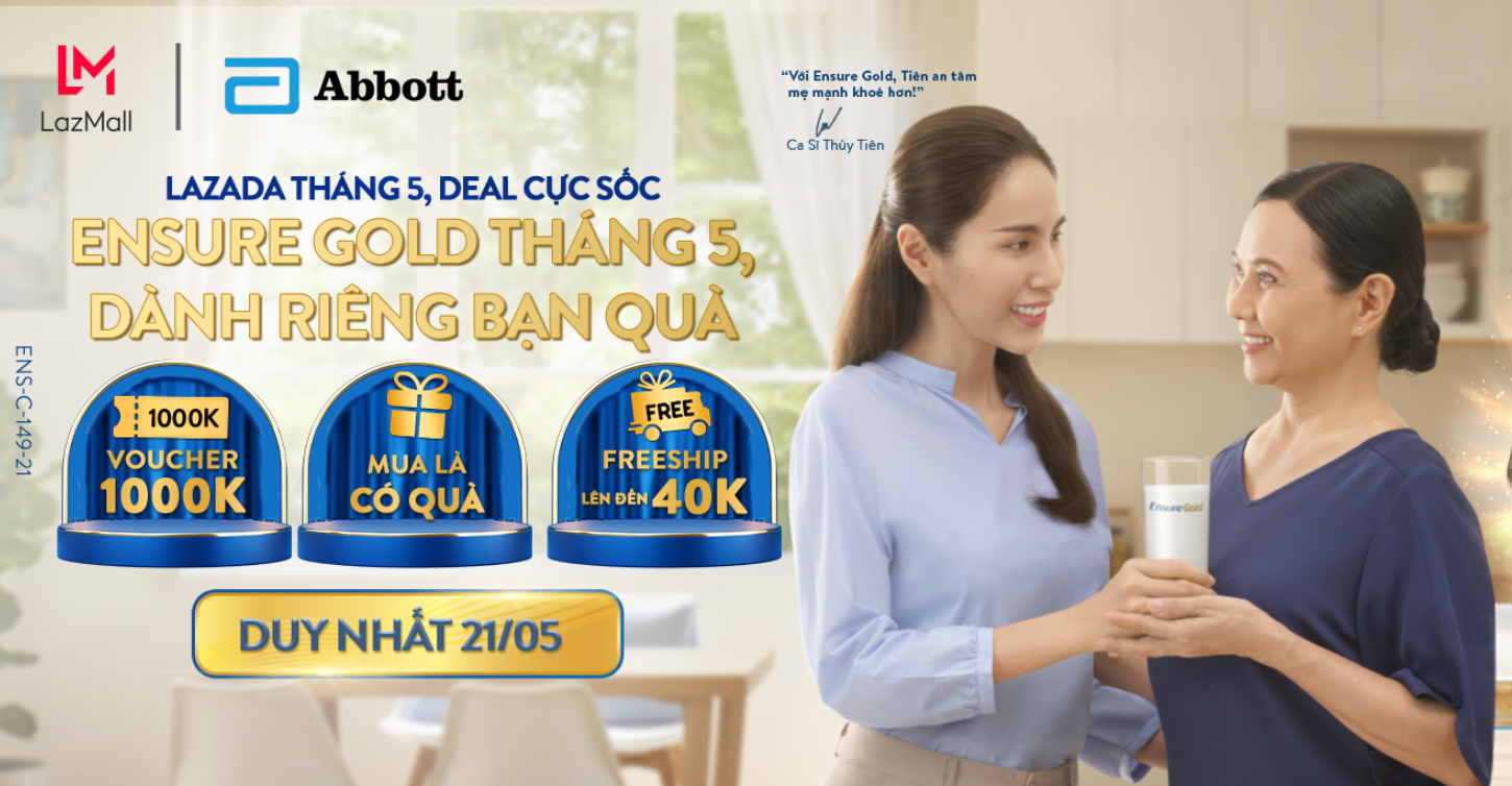 Ensure Gold advertisement on Lazada: mother and daughter, discounts, and promotions on May 21st.