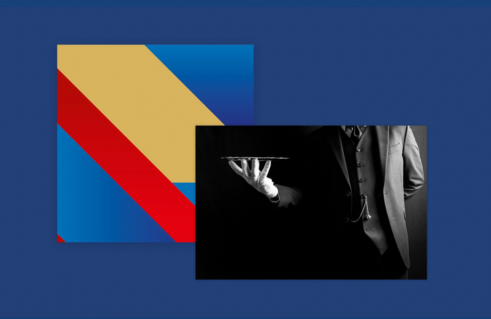 Abstract geometric design with blue, gold, and red. Black and white photo of a person's hand holding a tray.