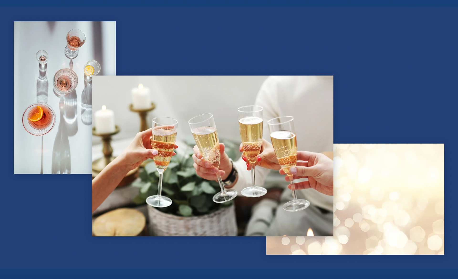 People toasting with champagne glasses, candles, and an orange drink.